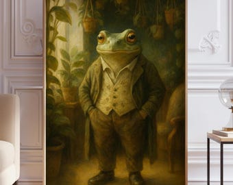Frog Gentleman Art Print – Vintage Botanical Wall Decor, Whimsical Home Art, Cozy Fall Illustration