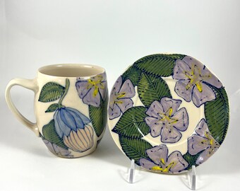 Mug and Saucer with Purple and Yellow flowers