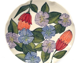 Plate with Blue and Orange and purple Flowers