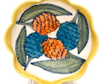 Small Bowl with Orange and Blue  Flowers with marigold celadon