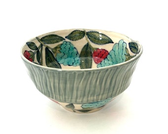 Bowl with Blue and Red Flowers with Storm celadon