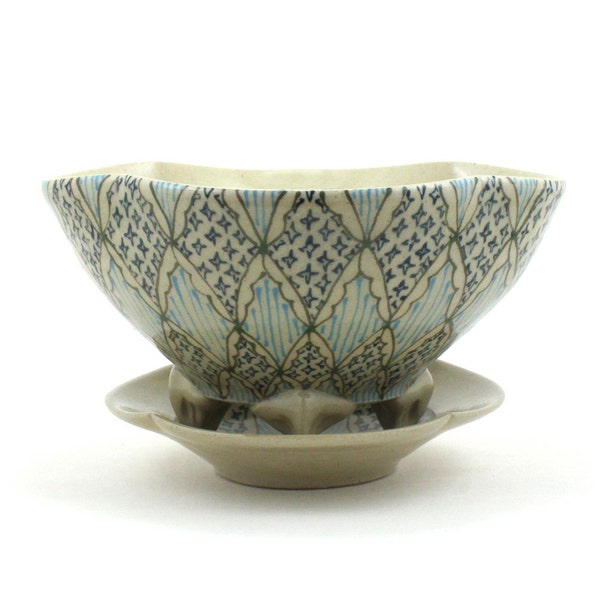 Ceramic Berry Bowl - Small Colander with green, navy and turquoise pattern