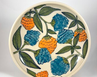 Shallow Bowl with Blue and Orange Flowers