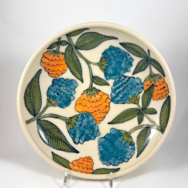 Shallow Bowl with Blue and Orange Flowers