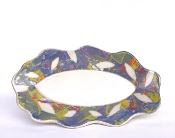 Small Oval Tray with Blue and Chartreuse