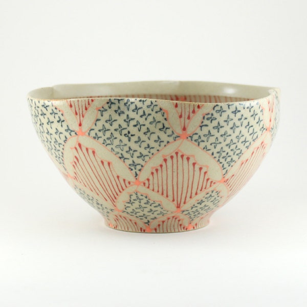 Ceramic Bowl with Hot Pink, Navy and Red Pattern