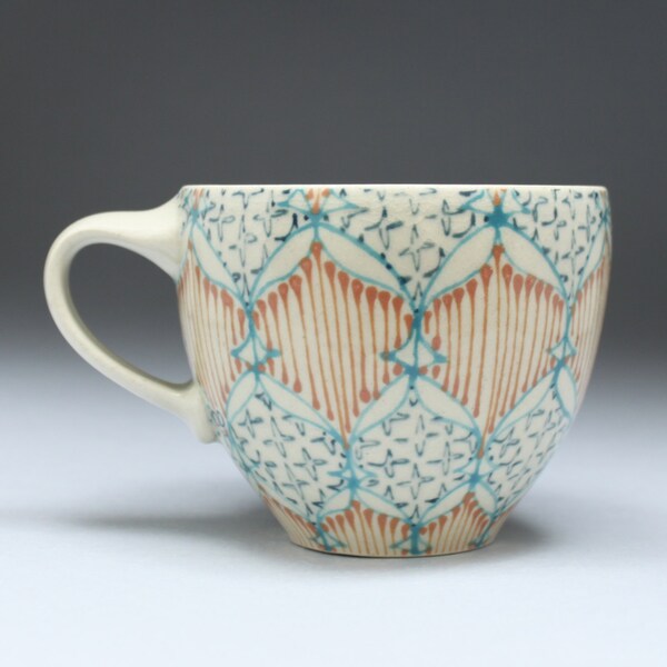 Coffee Mug - Handmade Ceramic Cup with Turquoise, Salmon and Navy Blue Pattern