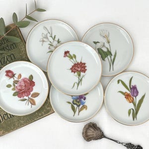 Könnte beinhalten: Ein Set aus fünf runden weißen Porzellantellern mit goldfarbenen Rändern, die jeweils eine botanische Illustration einer Blume zeigen, darunter eine Rose, eine Nelke, ein Stiefmütterchen, eine Lilie und eine Calla, angeordnet in einer Gruppe.