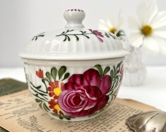 Sucrier Rose de Frise orientale avec couvercle – peint à la main – relief côtelé, porcelaine blanche – style vintage, années 1970, Eduscho