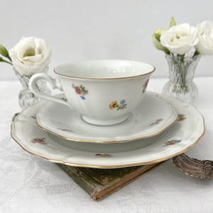 Könnte beinhalten: Weißes Porzellan-Teeservice mit floralen Mustern und Goldrand. Das Set besteht aus einer Tasse, Untertasse und Dessertteller. Auf einem alten Buch platziert, mit weißen Blumen im Hintergrund.