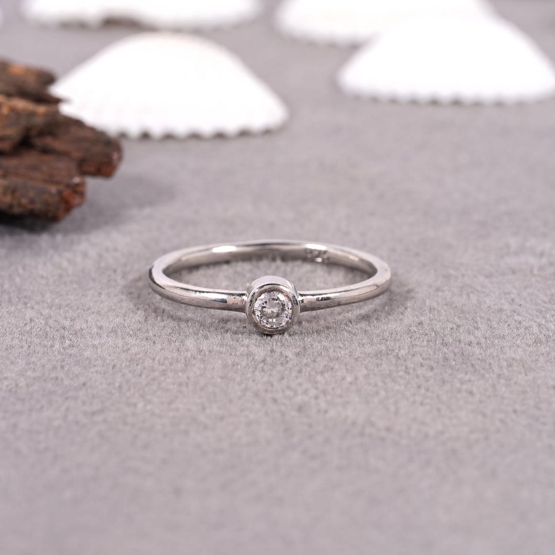 Round Cut Diamond CZ Solitaire Ring, Tiny Bezel Set Solitaire Ring in ...