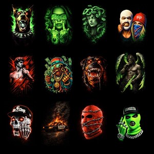 May include: A collection of digital art featuring various illustrations on a black background. The images include a Doberman Pinscher with glowing green eyes, a woman with green skin, a Medusa portrait, and a couple wearing ski masks.