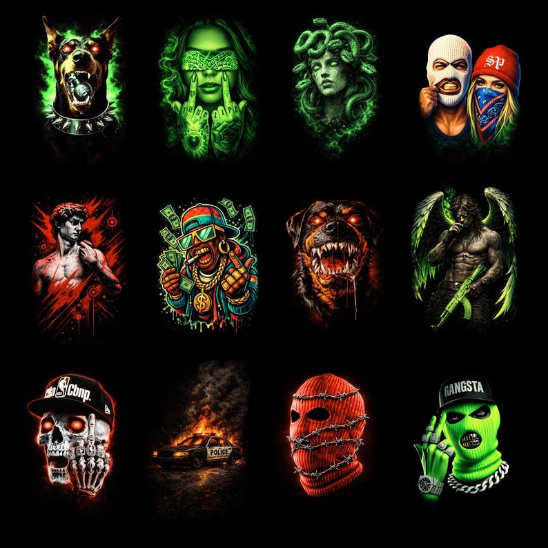 May include: A collection of digital art featuring various illustrations on a black background. The images include a Doberman Pinscher with glowing green eyes, a woman with green skin, a Medusa portrait, and a couple wearing ski masks.