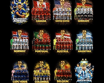 May include: A collection of digital illustrations featuring soccer teams from various countries. Each design includes a team photo, a flag, and a golden trophy. Countries include Canada, United States, Germany, Norway, Portugal, Austria, Argentina, Cape Verde, Colombia, and Belgium.