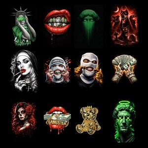 May include: A collection of digital art prints featuring various designs on a black background. The images include a Statue of Liberty figure, a pair of lips with dollar signs for teeth, a green spectral figure, and a group of dogs. Other images include a nun smoking, a person in a ski mask, and a teddy bear.