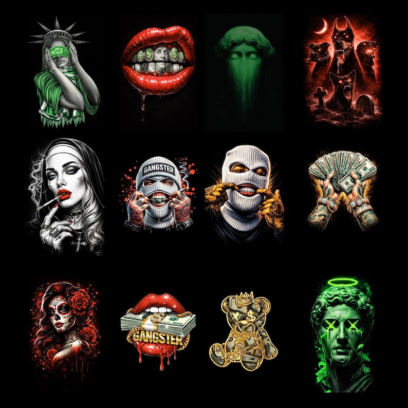 May include: A collection of digital art prints featuring various designs on a black background. The images include a Statue of Liberty figure, a pair of lips with dollar signs for teeth, a green spectral figure, and a group of dogs. Other images include a nun smoking, a person in a ski mask, and a teddy bear.