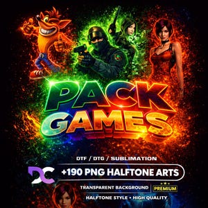 May include: A digital artwork with the words "PACK GAMES" in a colourful font, featuring video game characters. The image includes the text "+190 PNG HALFTONE ARTS" and other details. The background is black with fiery effects.