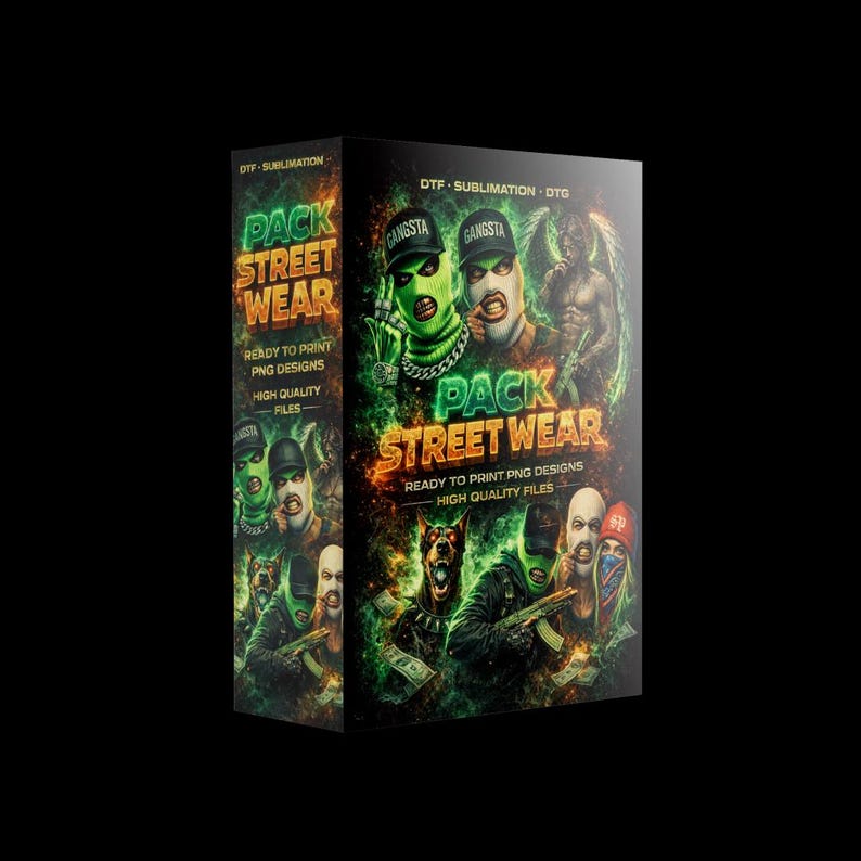 May include: A product box with a vibrant, digitally illustrated design. The cover features masked figures, a dog, and text that reads "PACK STREET WEAR" and "READY TO PRINT PNG DESIGNS". The color palette includes green, black, and white.