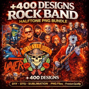 Rock Band Halftone PNG Bundle – 400+ Designs for DTF, DTG & Sublimation