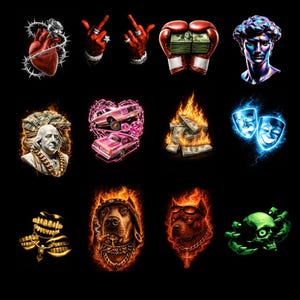 May include: A collection of digital art images on a black background. The images include a heart with thorns, hands with rings, boxing gloves with money, a bust of David, a portrait with money, pink cars, burning money, theater masks, gold teeth, a dog with a cigar, a dog with sunglasses, and a green skull.