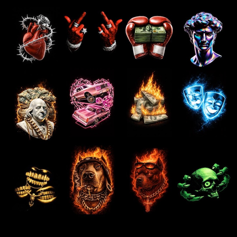 May include: A collection of digital art images on a black background. The images include a heart with thorns, hands with rings, boxing gloves with money, a bust of David, a portrait with money, pink cars, burning money, theater masks, gold teeth, a dog with a cigar, a dog with sunglasses, and a green skull.