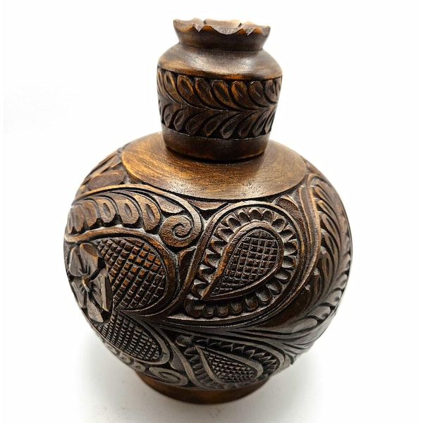Hand Carved Wood Decanter Brown with green glass insert Folk Art Hungary signed