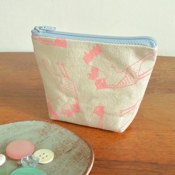 SALE Bird print small pale pink hand screen printed canvas purse