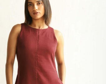 Handmade Maroon Cotton Midi Dress – Sleeveless A-Line with Pockets Summer Dress Vacation Outfit Long Dress Gift for Her