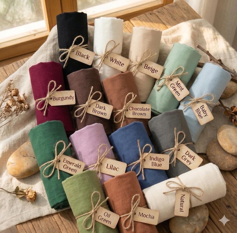 Puede incluir: Una colecci&oacute;n de muestras de tela enrolladas en varios colores, incluyendo negro, blanco, beige, verde menta, azul beb&eacute;, burdeos, marr&oacute;n oscuro, marr&oacute;n chocolate, verde esmeralda, lila, azul &iacute;ndigo, gris oscuro, verde aceite, moca y natural.