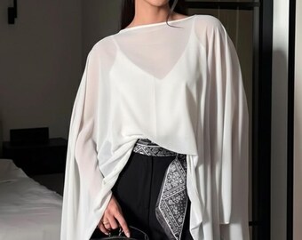 white sheer poncho for women, Boho chic off the shoulder poncho white color, Multiple way dress cover , Robe boheme for women