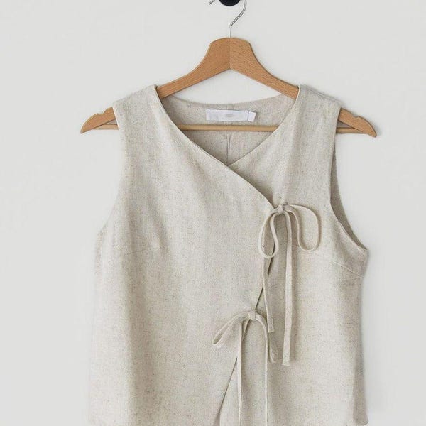 Handmade Natural Cotton Wrap Top | Sleeveless Lightweight Summer Blouse | Boho Casual Linen Look | Women’s Relaxed Fit Vest -Gift For Her