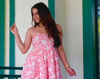 Pink Floral Cotton Sleeveless Summer Mini Dress | Casual Fit &Flare Dress | Lightweight Party Dress | Handmade Cotton Dress for Women