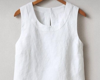 White Cotton Linen Buttoned Top – Sleeveless V-Neck Blouse, Flowy Summer Shirt, Minimalist Tunic Top for Women Beachwear Top