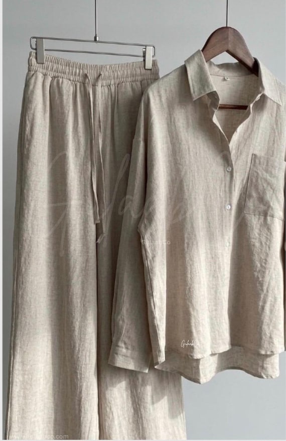 Beige recycled cotton Co-Ord Set Oversized Shirt &Wide-Leg Pant |Minimalist Loungewear Set | 2-Piece Relaxed fit |Beachwear Resort Wear