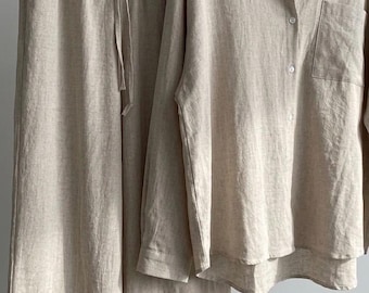 Beige recycled cotton Co-Ord Set Oversized Shirt &Wide-Leg Pant |Minimalist Loungewear Set | 2-Piece Relaxed fit |Beachwear Resort Wear