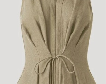Cotton Linen Peplum Top – Tie Waist Sleeveless Blouse, Minimalist Summer Shirt, V-Neck Wrap Top for Women Gift For Her