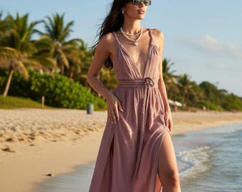 Pink Boho Long Ruched String Dress, Maxi Bodycon Dress With Slit, Festival  Clothing, Pink Bohemian Summer Outfit, Chic Evening Wear - Etsy