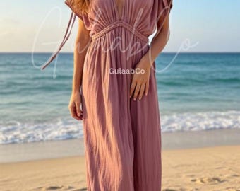 Boho gaas katoenen maxi-jurk | Strandjurk met diepe V-hals | Vakantiekaftan | Lichtgewicht vloeiende zomerjurk voor dames Cadeau voor haar