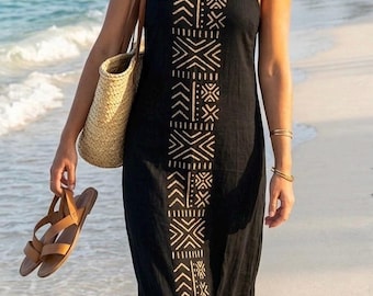 Black Cotton Maxi Dress | Boho Tribal Print | Sleeveless Summer Dress | Open Back with Lace-Up Detail | Backless Beachwear Dress