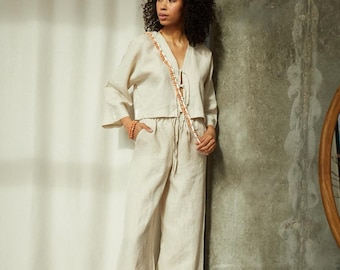 Summer natural white Coord set with Pockets, Organic Cotton, Oversized Shirt and Pants, Travel Smart Casual Outfit, Custom Plus Size