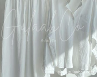 Conjunto coordinado de algodón y lino blanco: camisa extragrande y pantalón de pierna ancha / Conjunto minimalista para estar en casa / Conjunto de 2 piezas de corte relajado / Ropa de vacaciones