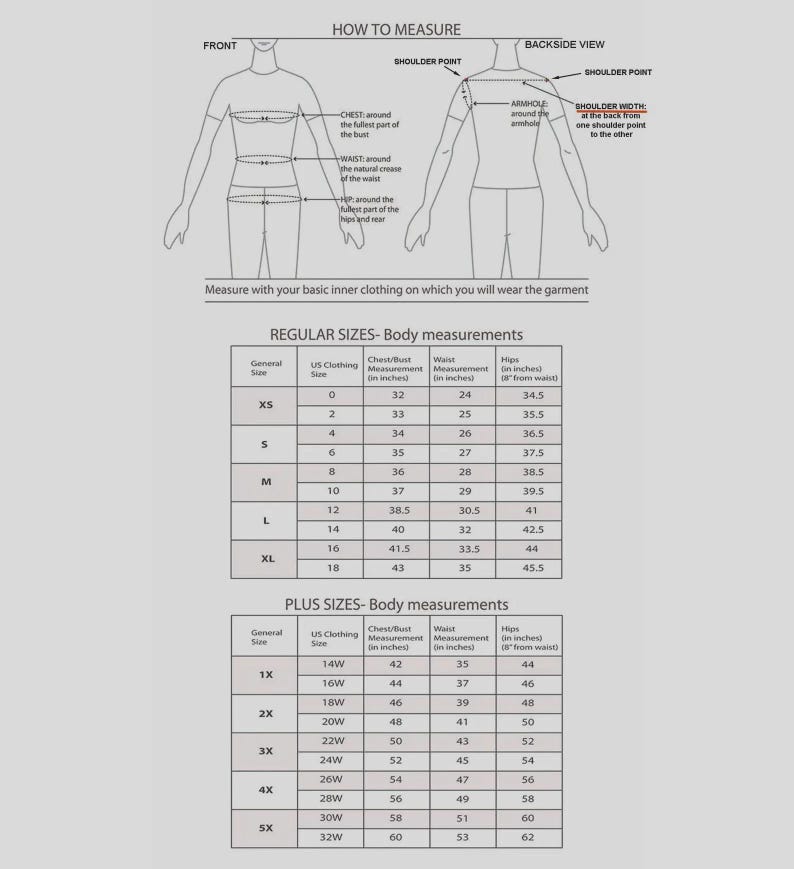 Puede incluir: Una tabla de gu&iacute;a de tallas con un dibujo lineal de una figura humana que muestra los puntos de medici&oacute;n para pecho, cintura, caderas y ancho de hombros, junto con tablas para tallas regulares y plus en pulgadas.