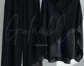 Conjunto de verano negro con bolsillos / Camisa y pantalones extragrandes de algodón orgánico / Conjunto de viaje elegante para vacaciones / Talla grande personalizada