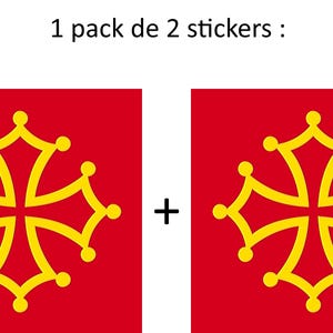Può includere: Due adesivi rossi con un disegno a croce occitana gialla. Il testo "1 pack de 2 stickers :" è in alto. La croce occitana è un simbolo dell'Occitania, una regione del sud Europa.