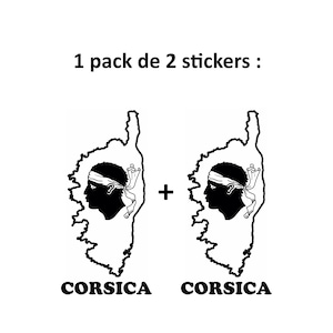 Op de afbeelding: Twee zwart-witte stickers met de silhouetten van een Corsicaanse kop met een witte hoofdband, tegen de contouren van het eiland Corsica. Het woord "CORSICA" staat eronder gedrukt. De tekst "1 pack de 2 stickers" staat bovenaan.