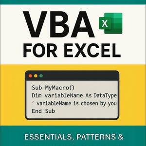 Könnte beinhalten: Ein Buchcover mit dem Titel "Quick Guide of VBA for Excel". Das Cover zeigt den Text "VBA" in großen Buchstaben, zusammen mit einem Excel-Logo. Darunter steht "Essentials, Patterns & Real-World Examples."