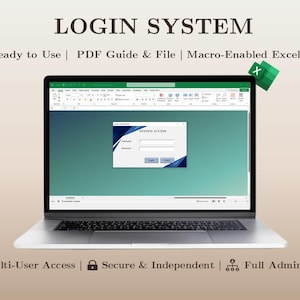 Pode incluir: Um laptop exibindo uma interface de sistema de login. A tela mostra uma janela de login com campos para nome de usuário e senha. O texto na parte superior diz "LOGIN SYSTEM". O texto adicional inclui "Ready to Use", "PDF Guide & File" e "Macro-Enabled Excel."