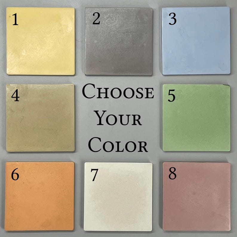 May include: A grid of eight square tiles in various colors, including yellow, gray, light blue, olive, green, orange, cream, and mauve. The text "CHOOSE YOUR COLOR" is centered between the tiles.