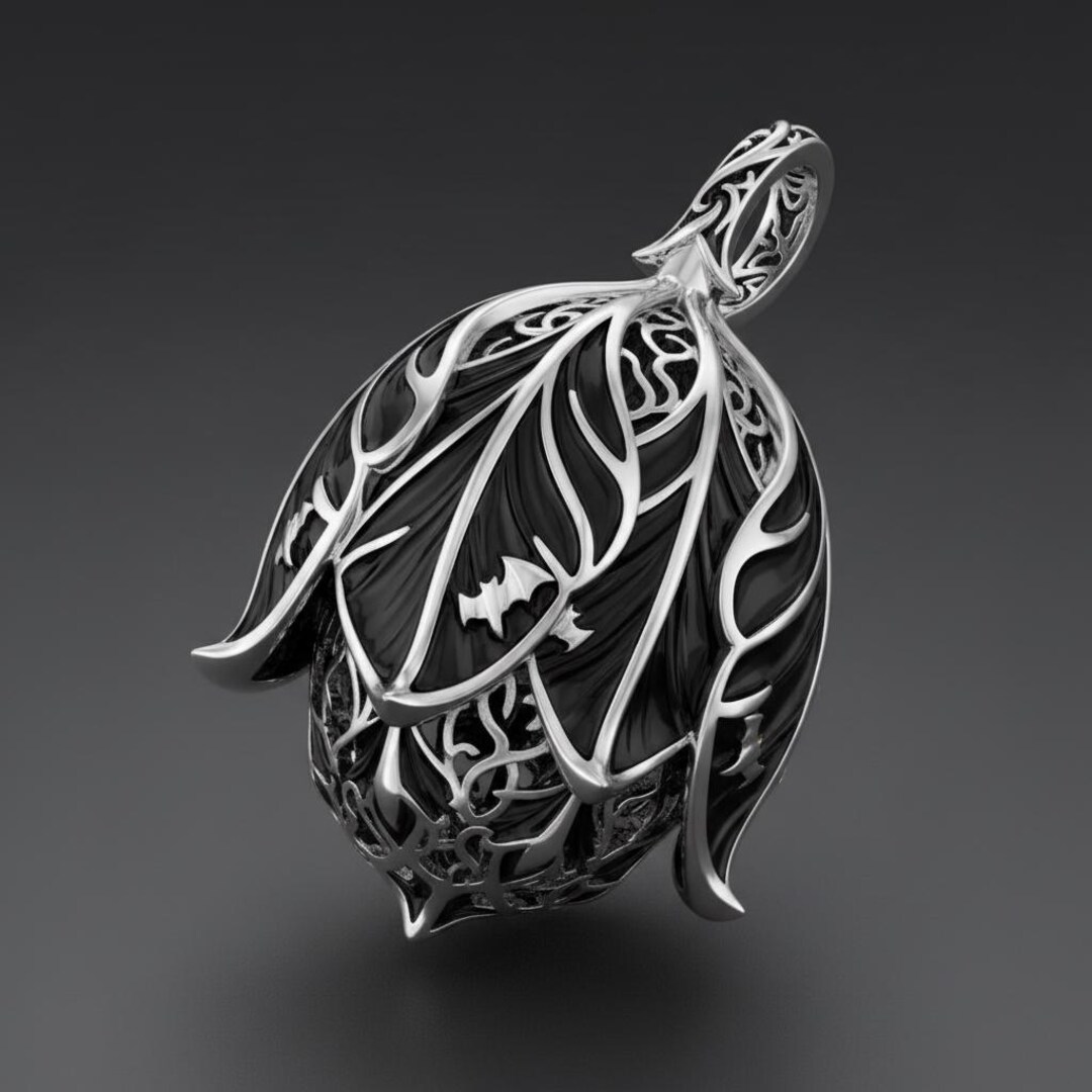 Sterling Silver Gothic Bat Locket Pendant With Black Enamel Filigree ...