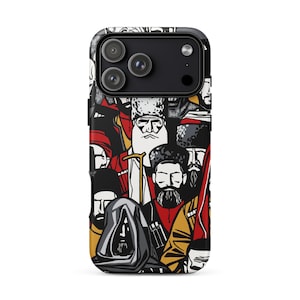 May include: Black iPhone case featuring a stylized illustration of numerous figures in traditional attire. The design includes a variety of colors, including red, yellow, and white, set against a black background. The case has a glossy finish and a triple-lens camera cutout.